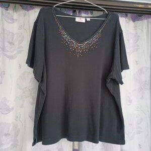 Quacker Factory 3x Plus Black Sparkly T Shirt V-Neck 24/26W